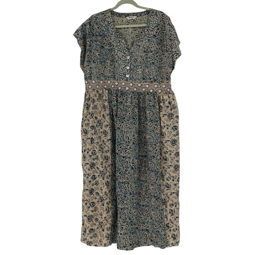 Marketplace Handwork‎ of India Blue Floral Block Print Maxi Dress Embroidered 1X
